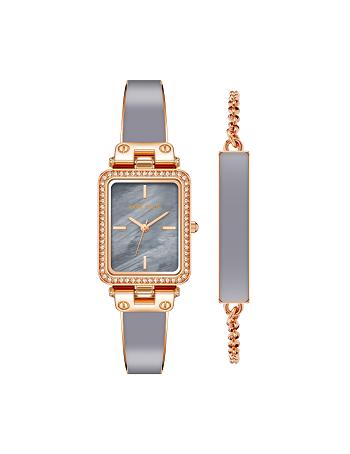 Anne Klein Case Watch and Bracelet Set Rektangulær Grå Lyserød Guld | UDKTG19034