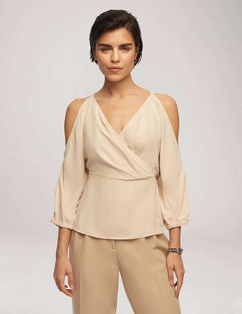 Anne Klein Cold Shoulder Crossover Peplum Blouse Toppe Beige | DKDYB93216