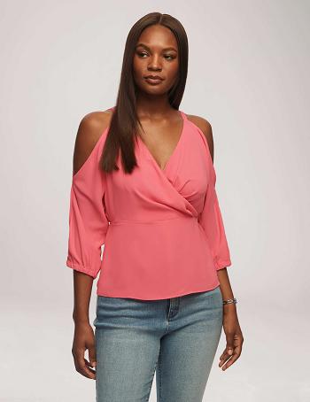 Anne Klein Cold Shoulder Crossover Peplum Blouse Toppe Lyserød | DKJBT63364