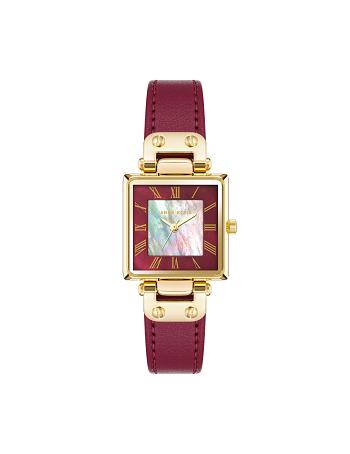 Anne Klein Considered Solar Square Læder Páskové Watch Rektangulær Guld Bordeaux | DDKKV88481