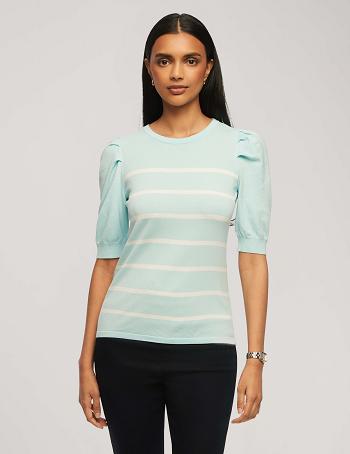 Anne Klein Kort Puff Sleeve Crew Neck With Stripes Toppe Blå Hvide | DKDYB24009