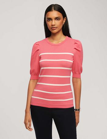 Anne Klein Kort Puff Sleeve Crew Neck With Stripes Trøjer Hvide | DKXBR92497