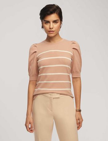 Anne Klein Kort Puff Sleeve Crew Neck With Stripes Trøjer Lyserød Hvide | EDKHC83886