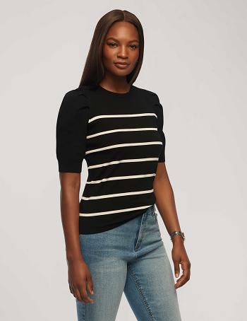 Anne Klein Kort Puff Sleeve Crew Neck With Stripes Toppe Sort Hvide | FDKUI25879