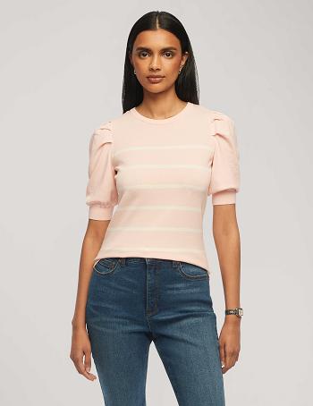 Anne Klein Kort Puff Sleeve Crew Neck With Stripes Trøjer Lyserød Hvide | SDKNY54103