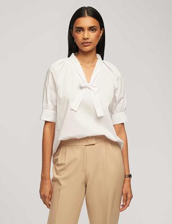 Anne Klein Poplin Puff Sleeve Blouse With Neck Tie Toppe Hvide | MDKFT85350