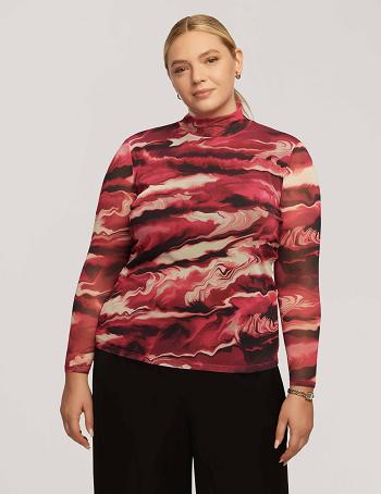 Anne Klein Printed Mesh Long Sleeve Zip Back Mock Neck Plus Størrelse Flerfarvede | DKZDE70664