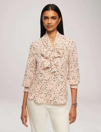 Anne Klein Printed Smocked Cuff Bow Blouse Toppe Lyserød Flerfarvede | DKZPD73314