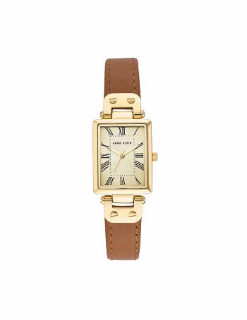 Anne Klein Rectangular Case Páskové Watch Læder Brune Guld | DKJBT94150