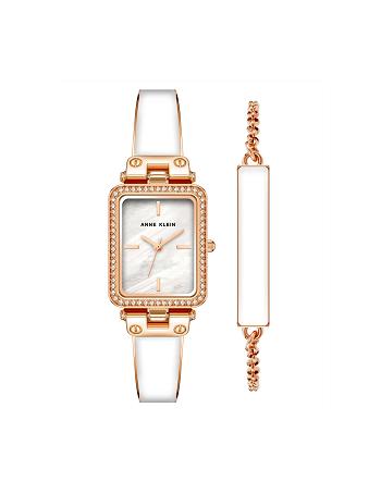 Anne Klein Rectangular Case Watch and Bracelet Sæt Hvide Lyserød Guld | GDKUC93844