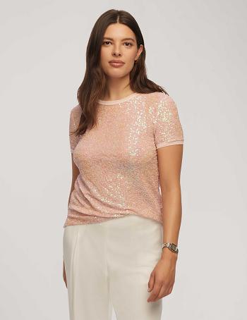 Anne Klein Sequin Mesh W/ Triple Mesh Kort Sleeve Banded Tee Toppe Lyserød Flerfarvede | YDKVQ62081