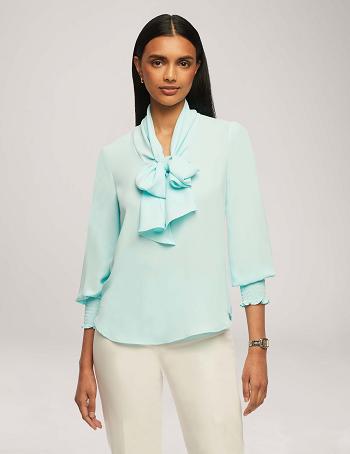 Anne Klein Smocked Cuff Bow Blouse Toppe Blå | QDKUV76217