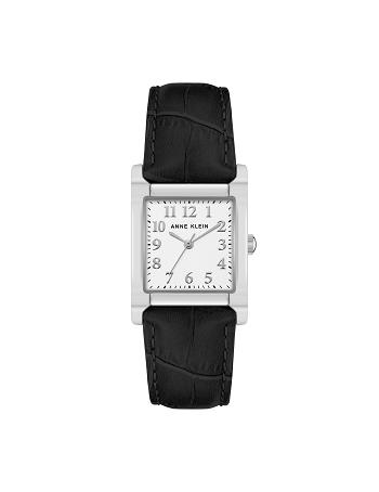 Anne Klein Square Case Læder Páskové Watch Metaller Sort Sølv | GDKUC68979