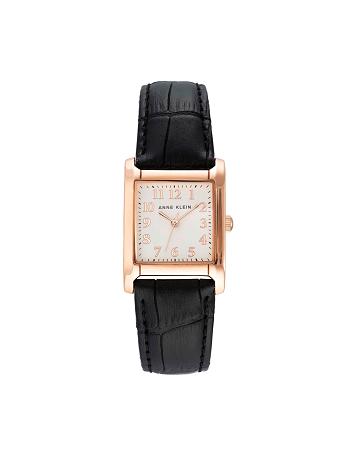 Anne Klein Square Case Páskové Watch Læder Sort Lyserød Guld | DKJBT25397