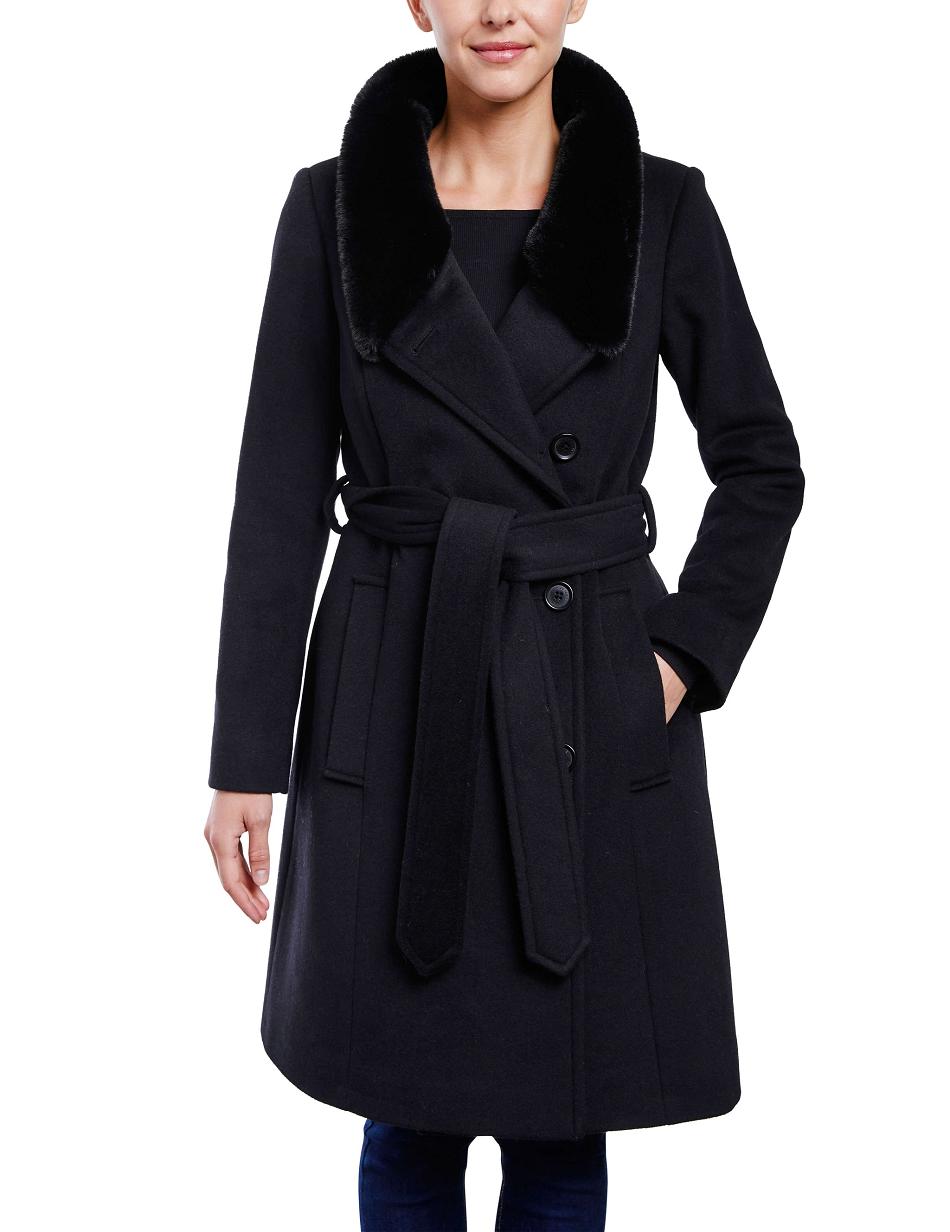 Anne Klein Belted Wrap Uld Coat With Fur Collar Overtøj Sort | XDKGW23515