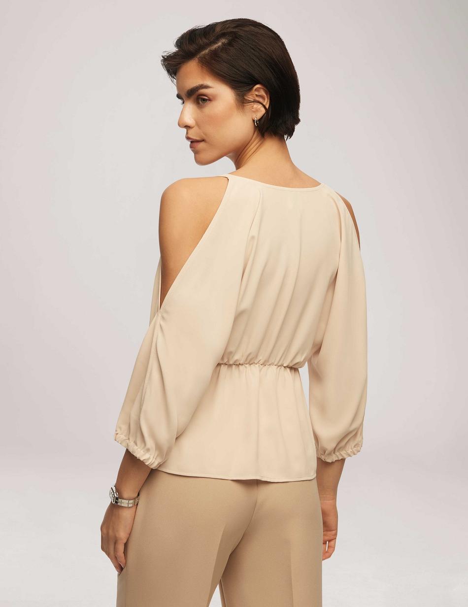 Anne Klein Cold Shoulder Crossover Peplum Blouse Toppe Beige | DKDYB93216