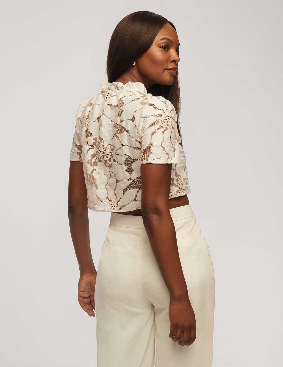 Anne Klein Floral Embroidered Blonder Cropped Blouse Toppe Hvide | DKQCS62840