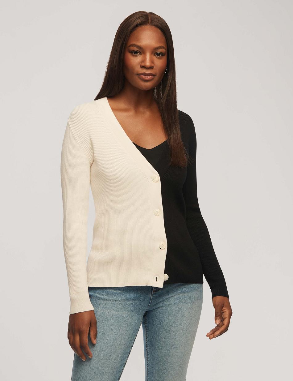 Anne Klein Half/Half Rib Cardigan Trøjer Sort Hvide | DKNZX51996