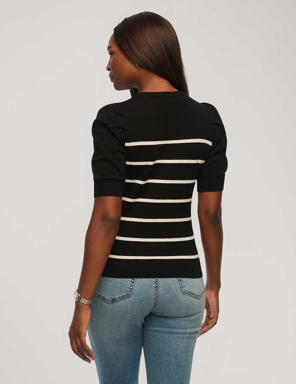 Anne Klein Kort Puff Sleeve Crew Neck With Stripes Trøjer Sort Hvide | DDKKV96906