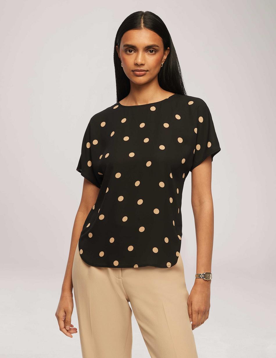 Anne Klein Large Dot Bateau Neck Kort Sleeve Blouse Toppe Sort | DDKKV44039