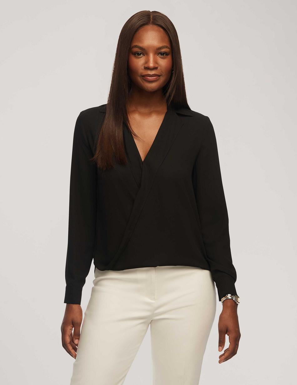 Anne Klein Long Sleeve Crossover Blouse With Collar Toppe Sort | XDKBH35180