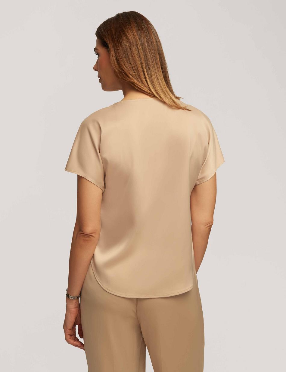 Anne Klein Montreal Satin Kort Sleeve Blouse With Bateau Neck Toppe Beige | LDKTR58910