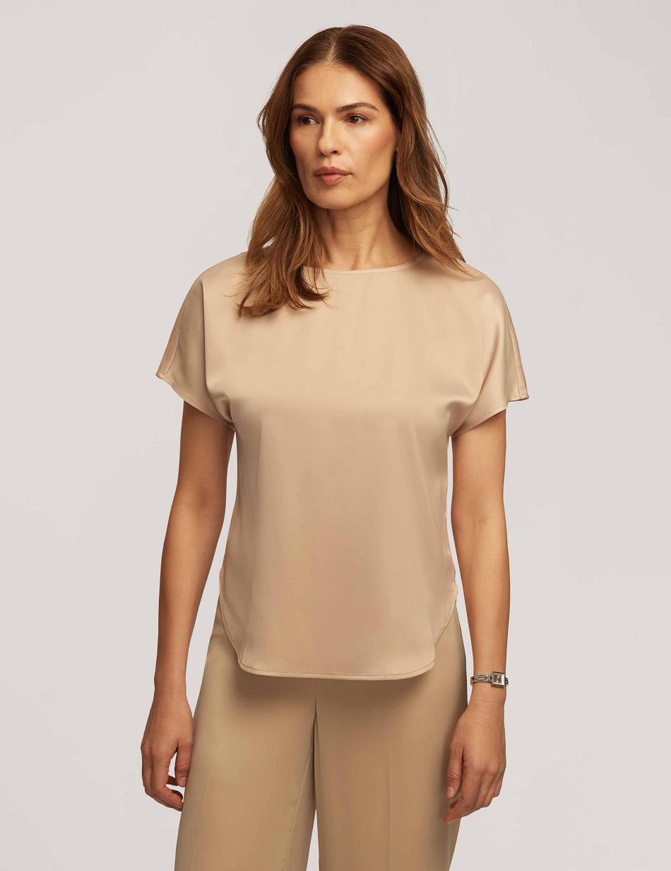 Anne Klein Montreal Satin Kort Sleeve Blouse With Bateau Neck Toppe Beige | LDKTR58910