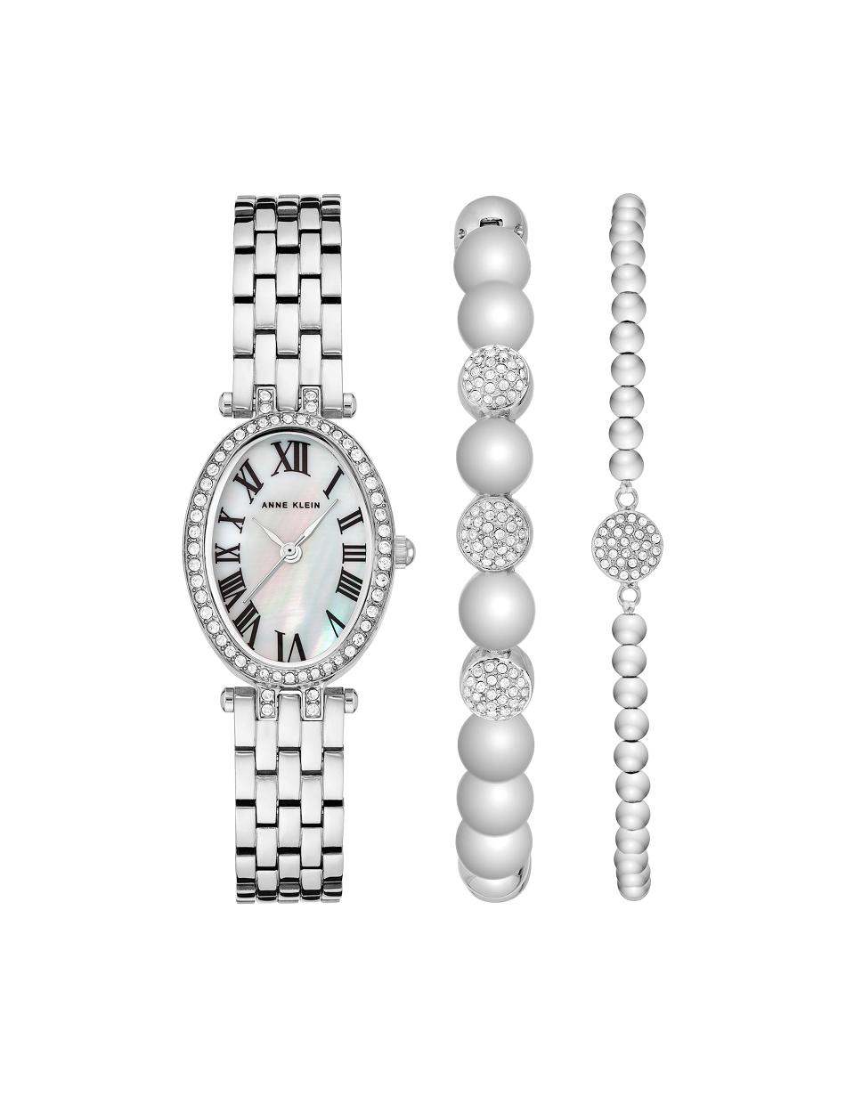 Anne Klein Oval Watch and Bracelet Set with Premium Crystals Metaller Sølv | SDKVO55757