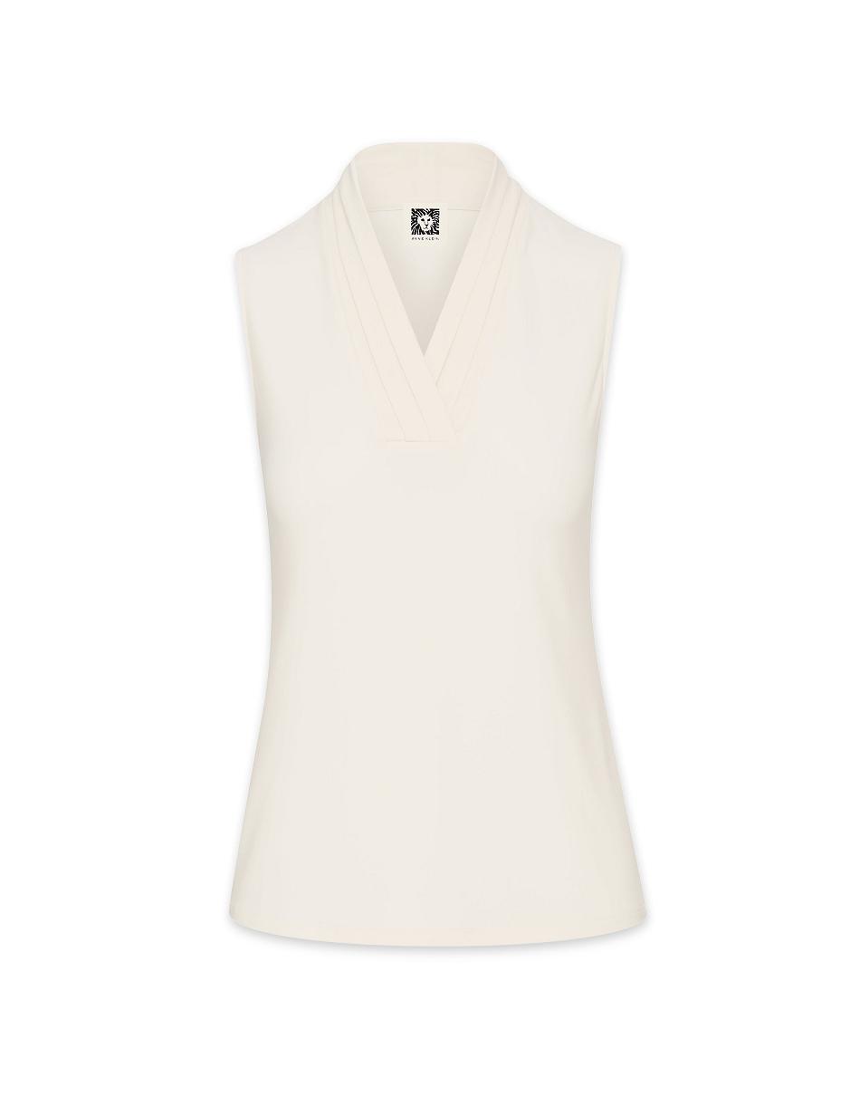 Anne Klein Petite V-Neck Triple Pleat Top Toppe Hvide | DKZPD93479