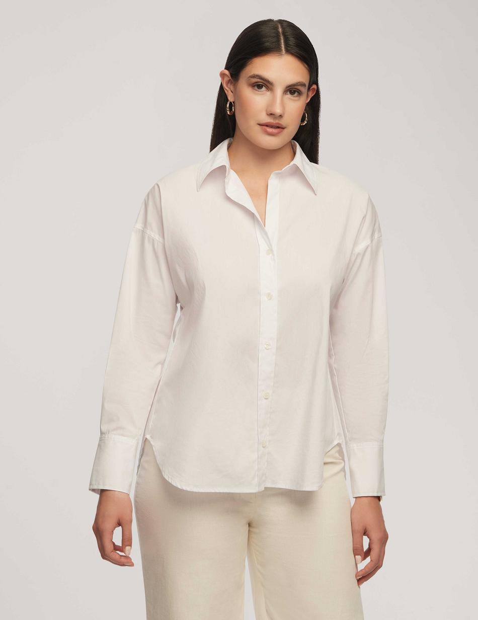 Anne Klein Poplin Button-Down Long Sleeve Blouse Toppe Hvide | MDKHR67024