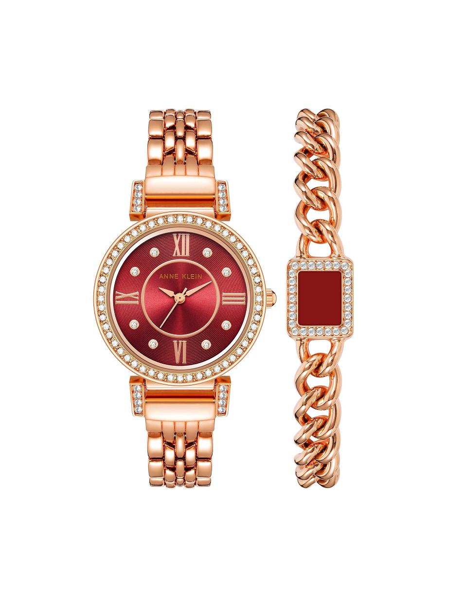 Anne Klein Premium Crystal Watch and Bracelet Sæt Bordeaux Lyserød Guld | XDKGW89731