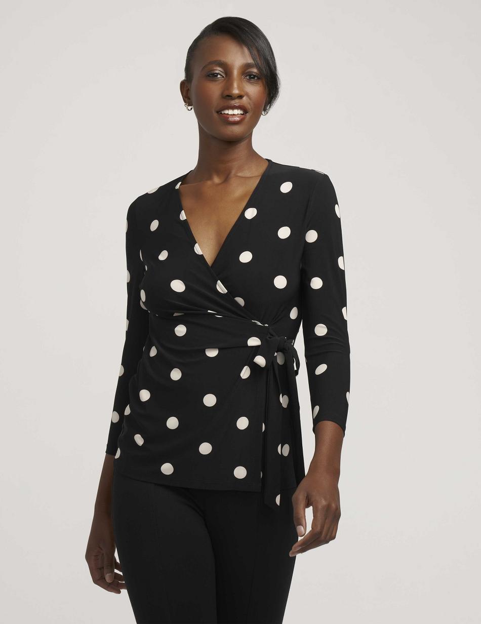 Anne Klein Printed Faux Wrap Top Best Bestsellere Sort Hvide | DKICD90528