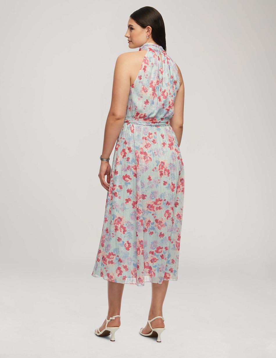 Anne Klein Printed Twist Neck Halter Midi With Sash Kjole Blå Flerfarvede | PDKQX71644