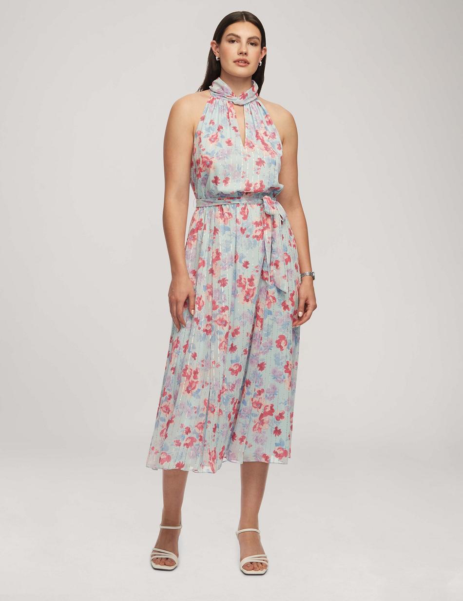 Anne Klein Printed Twist Neck Halter Midi With Sash Kjole Blå Flerfarvede | PDKQX71644