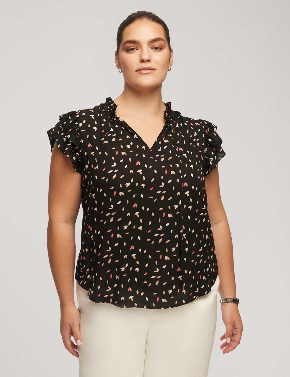 Anne Klein Printed Uden Ærmer Ruffle Tie Blouse Plus Størrelse Sort Flerfarvede | FDKHY73055