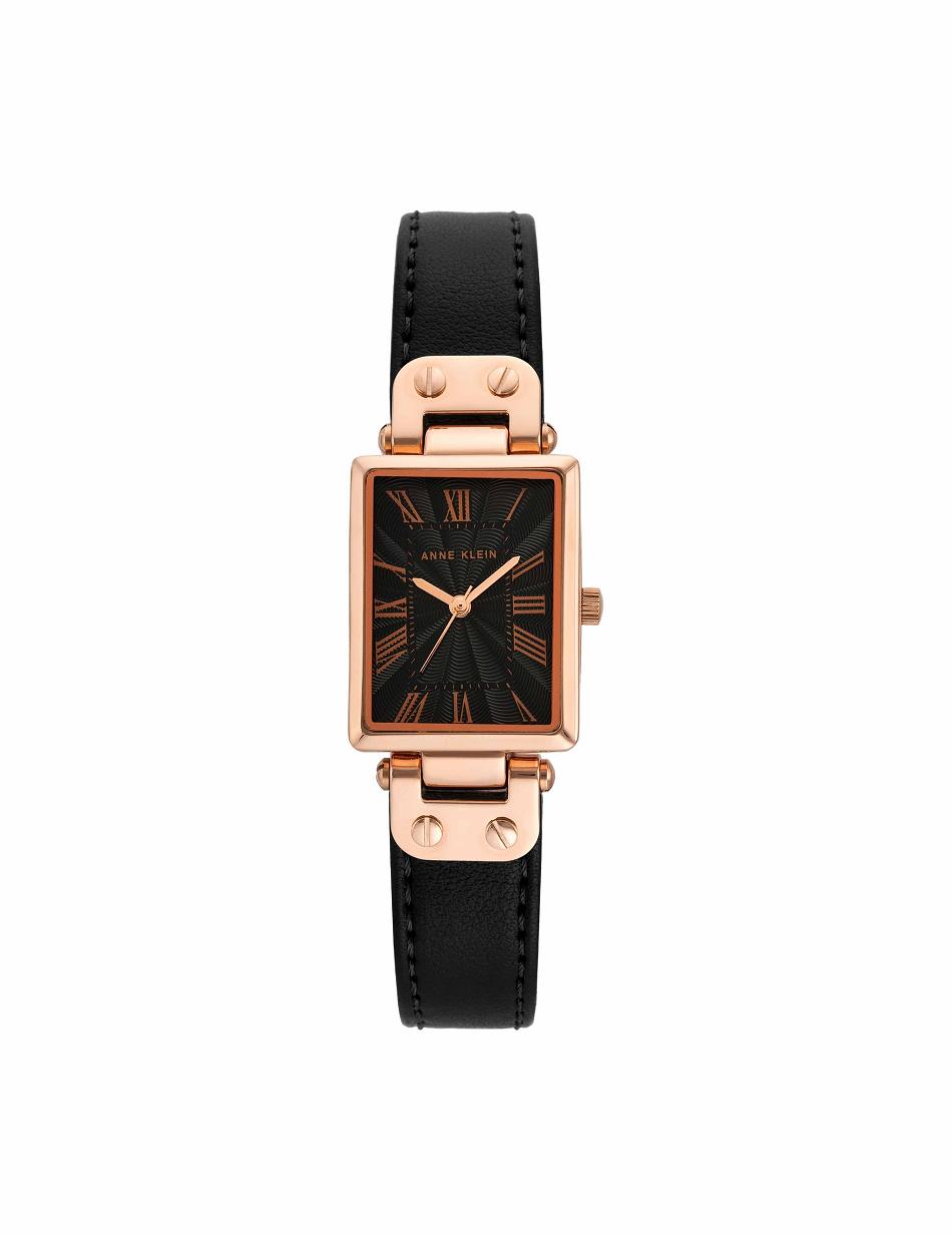 Anne Klein Rectangular Case Páskové Watch Læder Sort Lyserød Guld | SDKNY68643