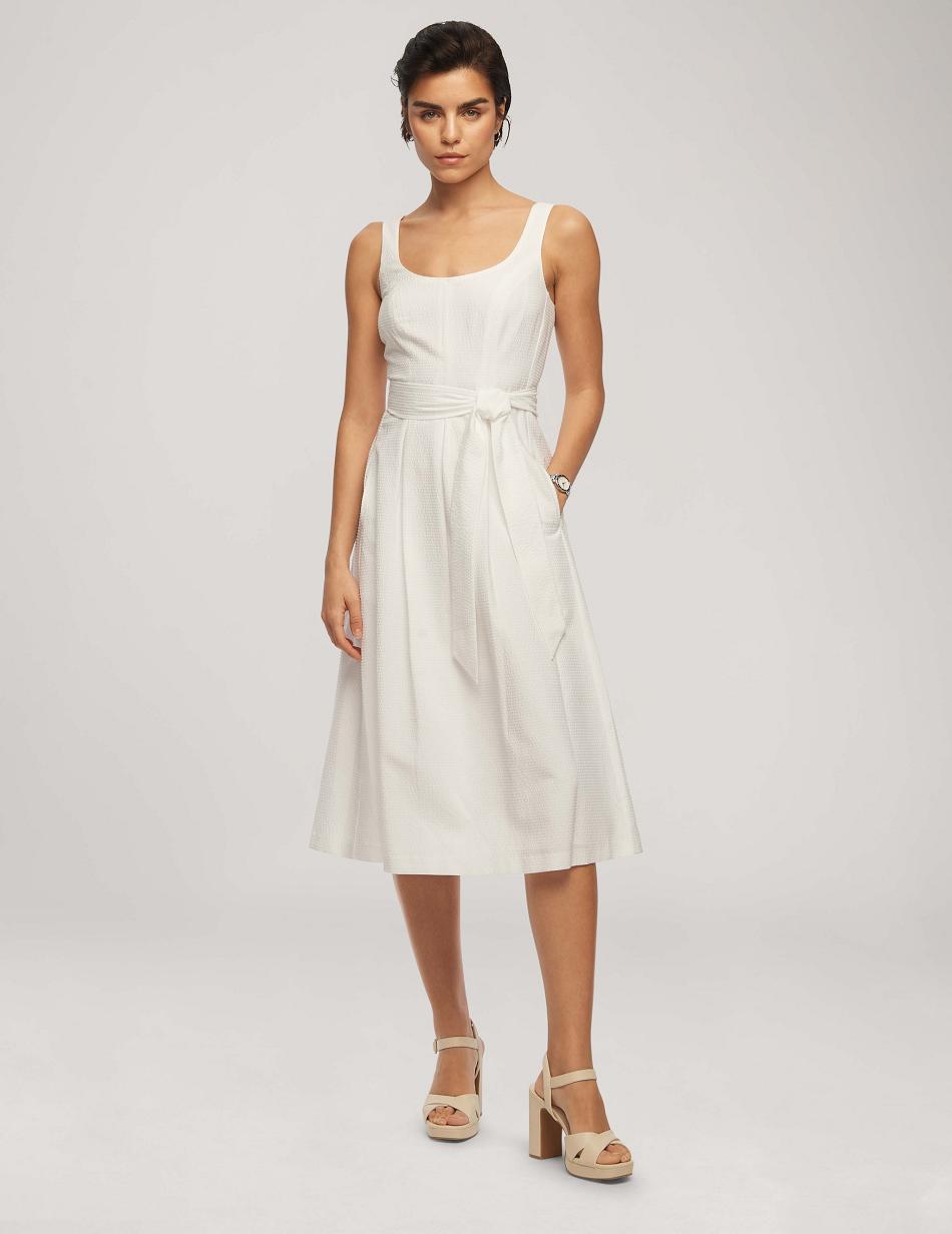 Anne Klein Seersucker Topsitch Midi With Pleats Kjole Hvide | QDKWA68080