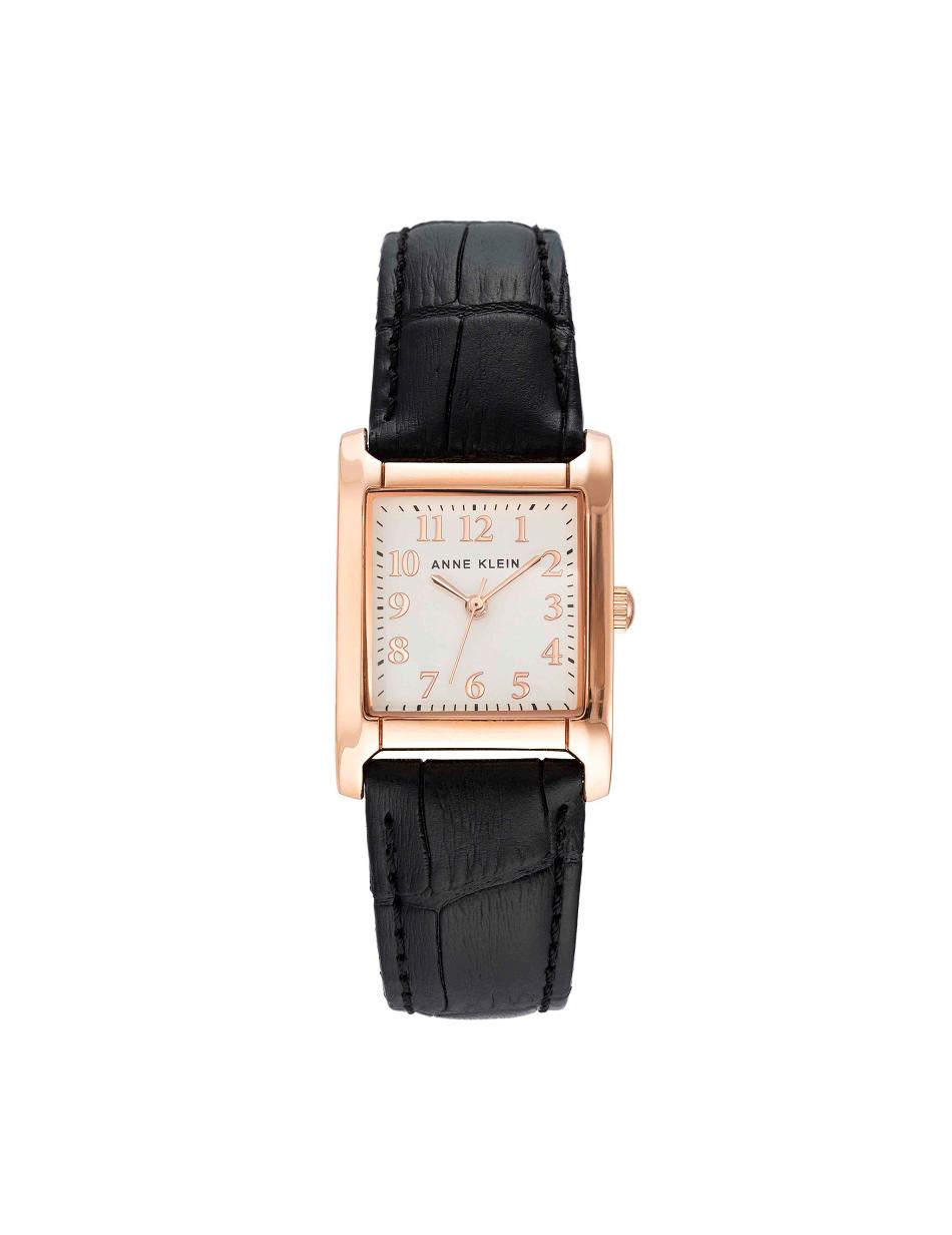 Anne Klein Square Case Páskové Watch Læder Sort Lyserød Guld | DKJBT25397