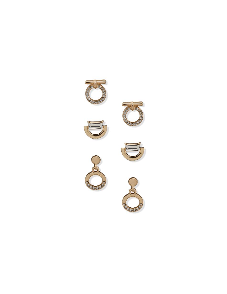 Anne Klein Stud Drop and Circle Pave Pierced Earring Trio in Gift Box Earring Guld | PDKER30077