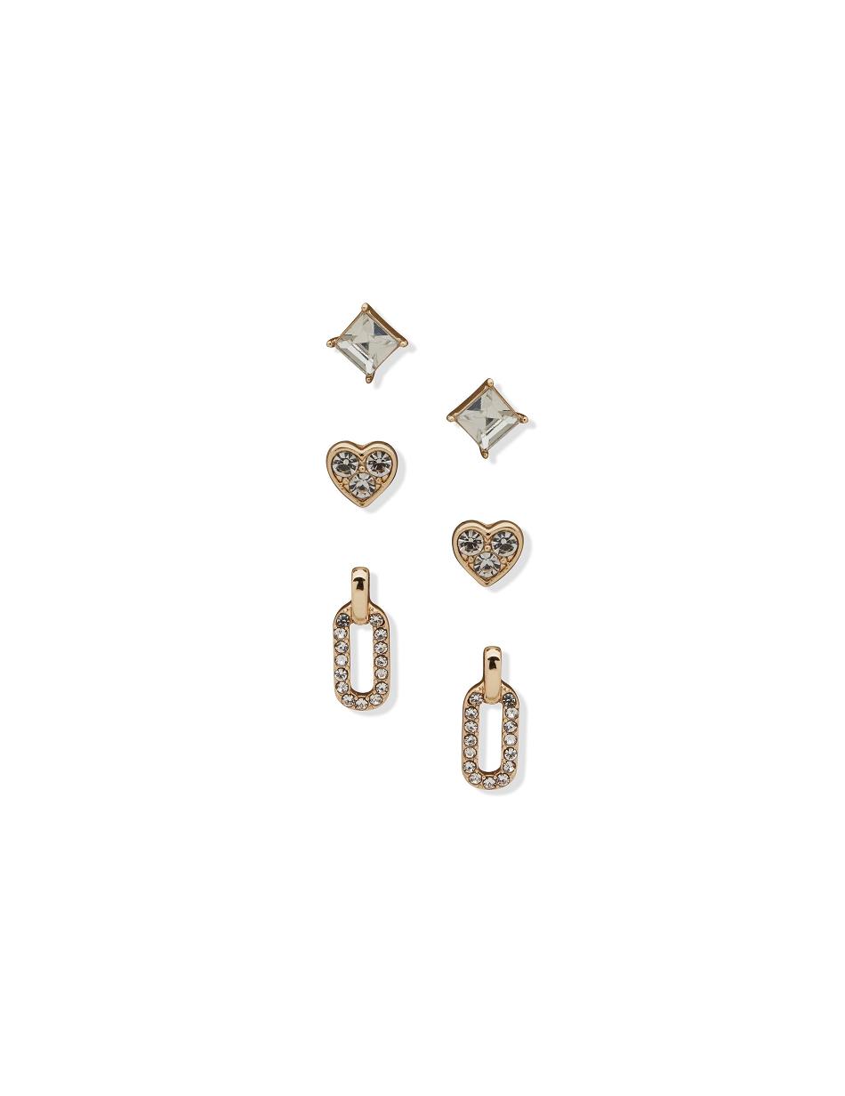 Anne Klein Stud Heart and Link Drop Pierced Earring Trio in Gift Box Earring Guld | DKDFL47727