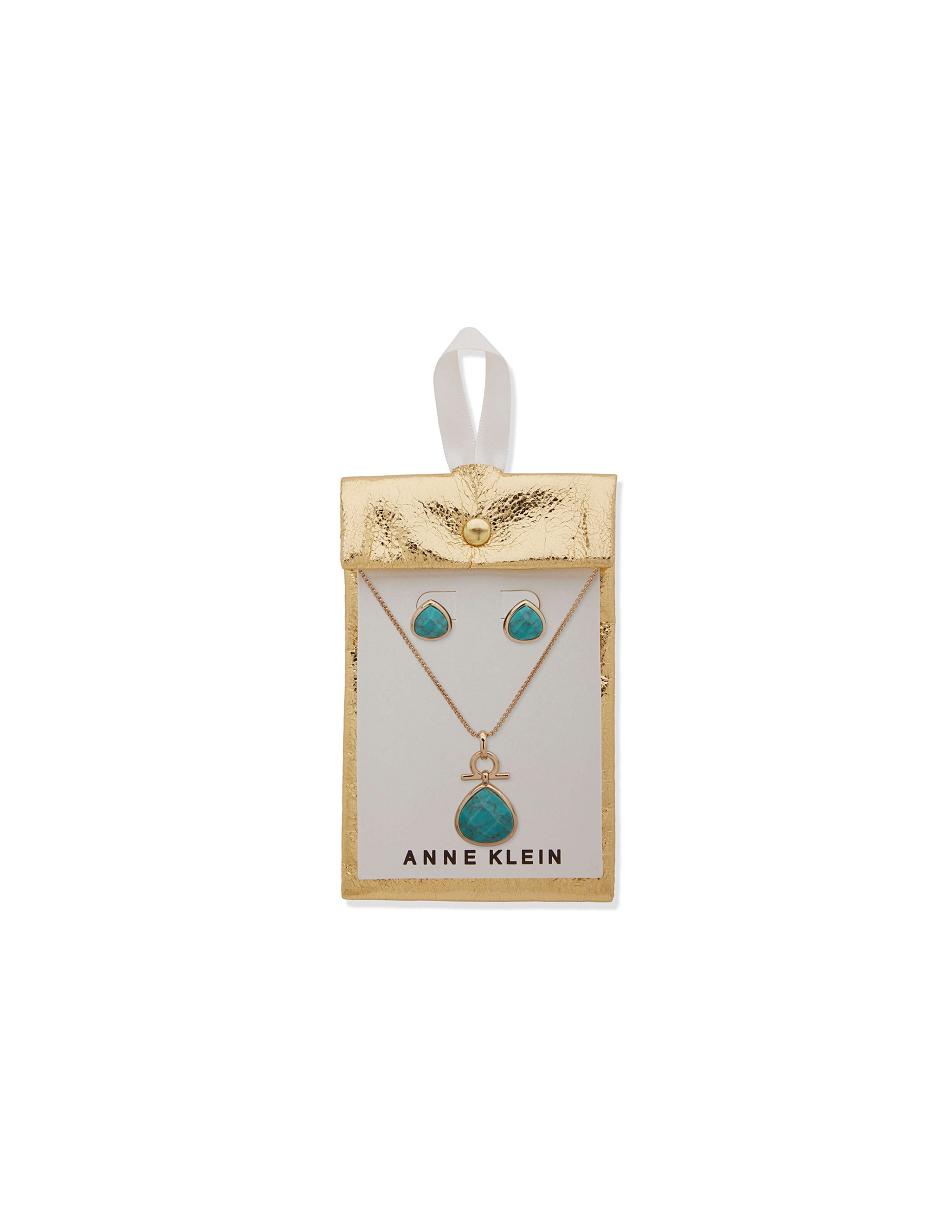 Anne Klein Tear Drop Pendant Necklace and Earring Set in Pouch Earring Guld Blå | ADKDF26601