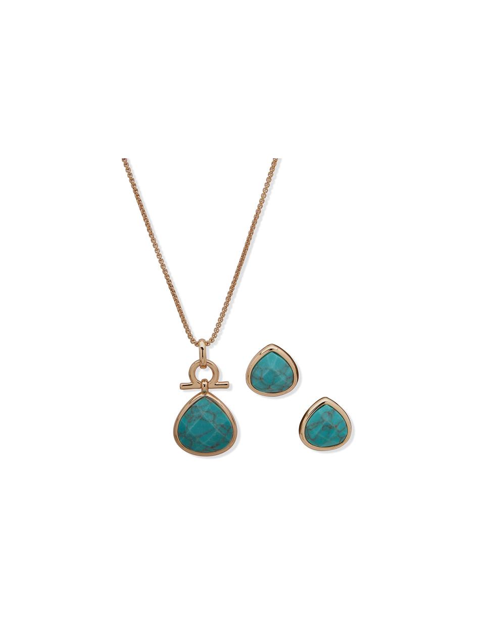 Anne Klein Tear Drop Pendant Necklace and Earring Set in Pouch Earring Guld Blå | ADKDF26601