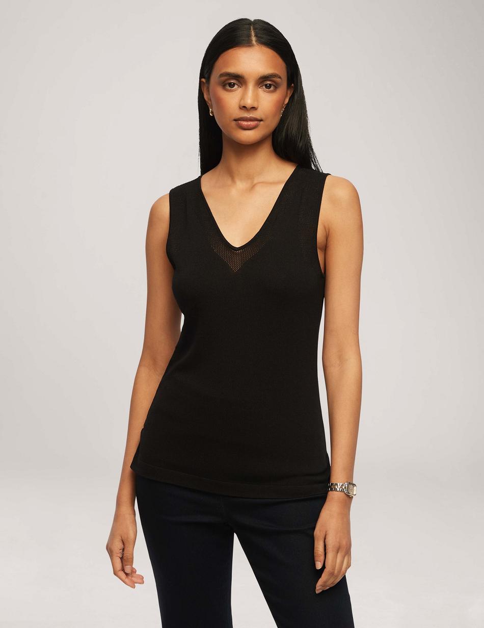 Anne Klein V Neck Mesh Tank Top Toppe Sort | LDKTR50452