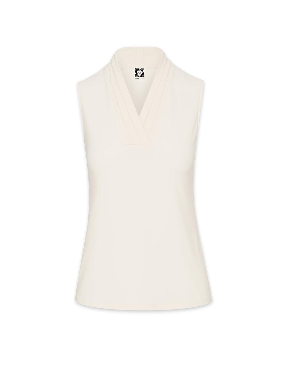 Anne Klein V-Neck Triple Pleat Top Best Bestsellere Hvide | XDKGW94751