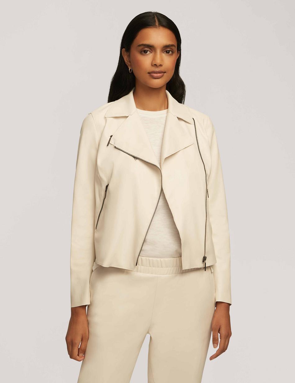 Anne Klein Veganske Læder Zip Front Moto Blazere Hvide | ZDKNQ77261