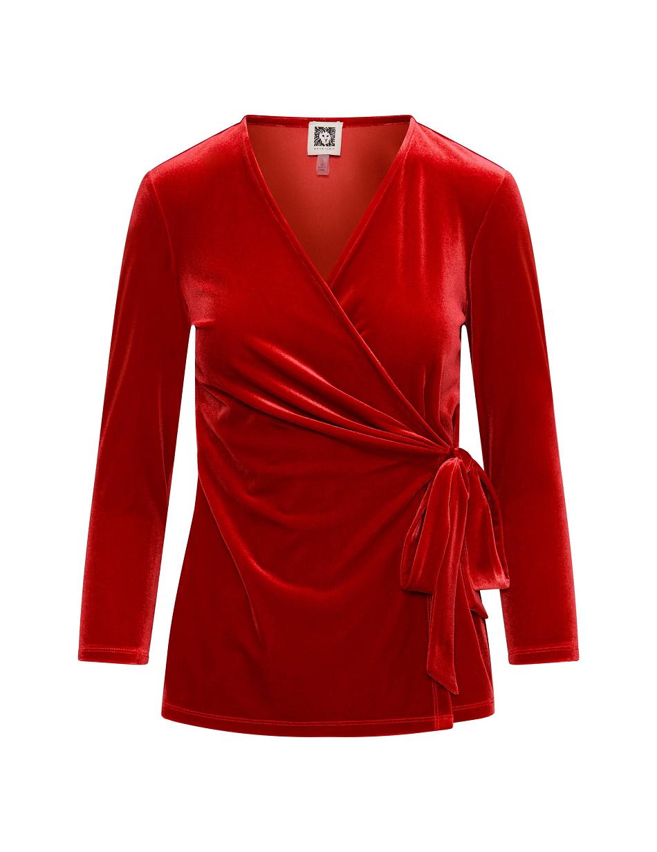 Anne Klein Velour Three-Quarter Sleeve Wrap Top- Clearance Toppe Rød | GDKUC35783