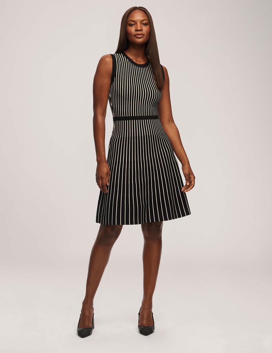 Anne Klein Vertical Stripe Fit And Flare Kjole Striber Sort Hvide | GDKUC28203