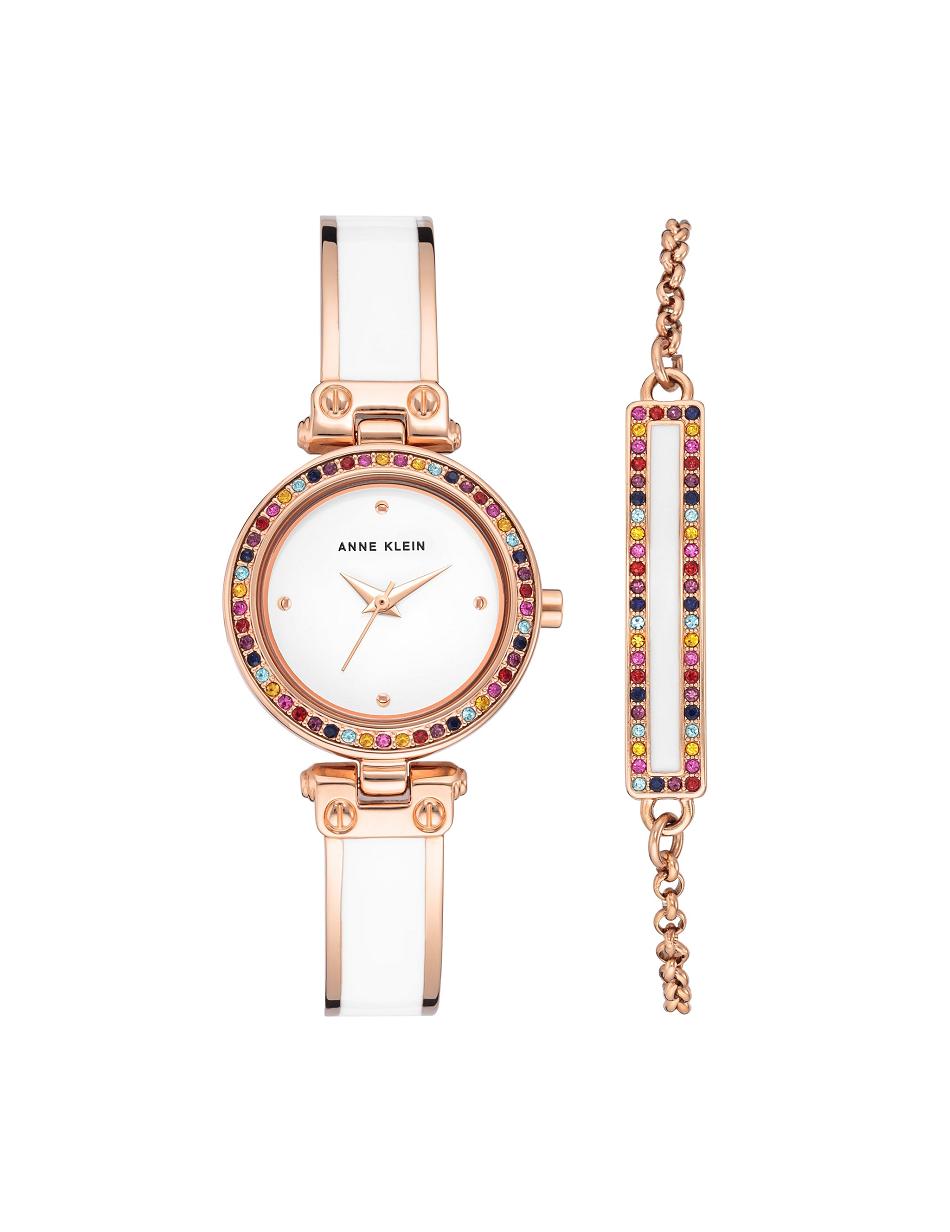 Anne Klein Watch and Bracelet with Premium Multicolored Crystals Sæt Lyserød Guld Hvide | ADKWC32146